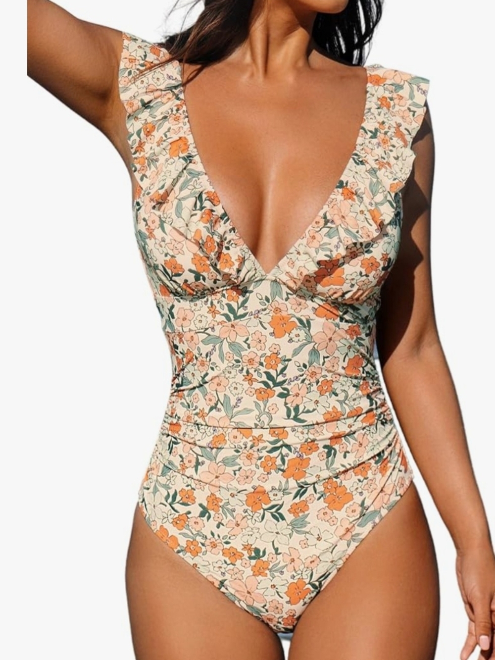 Cupshe Cream Floral Ruffle One-Piece Swimsuit with Orange & Green Accents